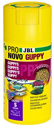 JBL PRONOVO Guppy Grano, Alimento básico para Guppies y Otros Peces Ovoviviparos de 3-10 cm, granulados para Peces, dosificador de Clic, Talla S, 100 ml