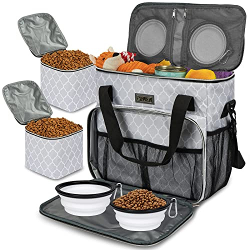 BAGLHER Dog Travel Bag, Pet Travel Bag (ALL Pet Travel Supplies), With 2 Pet Food Containers and 2 Collapsible Silicone Bowls; Essential Kits for Pet Travel DLwhite