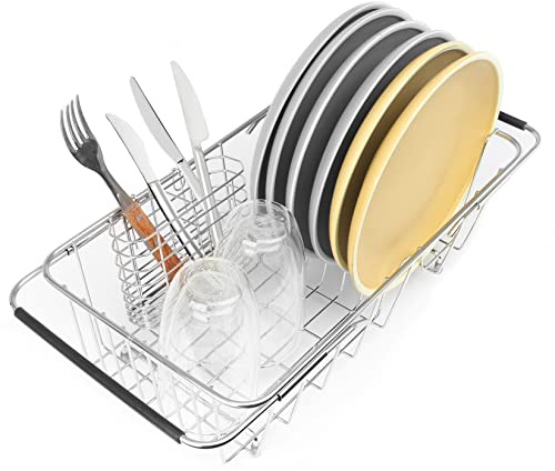 BTLATHA Sink Dish Drainer Rack, Expandable 304 Stainless Steel Dish Drying Rack Organizer with Stainless Steel Utensil Rack, Adjustable 14.96 to 20.59 Inside The Sink (up to 7 Upright Utensils).