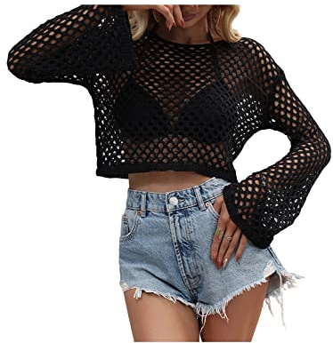 Achlibe Women Hollow Out Crop Tops,Long Sleeve Crochet Knit Sweater Solid Color Loose Cover Up Pullover Tops Vintage Knitwear (Black 3, S)