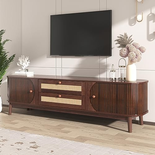 kubeier TV Lowboard Vintage, TV Schrank Holz 170 cm Natürlicher Holz-Blend TV-Schrank mit Türen und Schubladen, TV-Ständer mit Rattanseiten für Wohnzimmer Esszimmer Landhaus