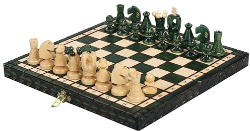 Sunrise Chess & Games Kompaktes Königliches Holzschach, 30 cm, Grün | Klappbrett 30 cm, Kompaktes Format, Innenfach für Figuren, Grüne Ausführung, Gewicht 0,6 kg