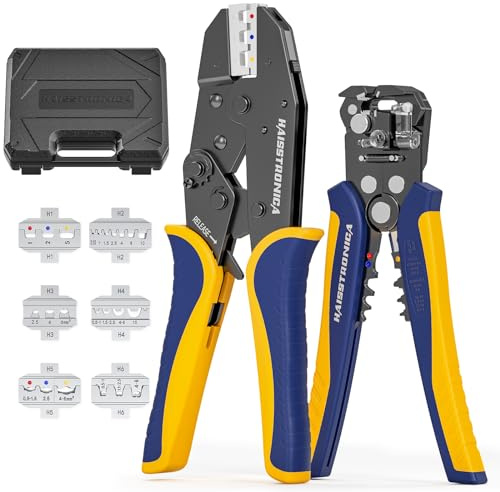 haisstronica 6 in 1 Crimping Tool Kit and Wire Stripper, Ratcheting Wire Crimper with 6 PCS Interchangeable Dies for Heat Shrink,Non-Insulated,Ferrule,Open Barrel,Insulated Connectors, men tool gifts