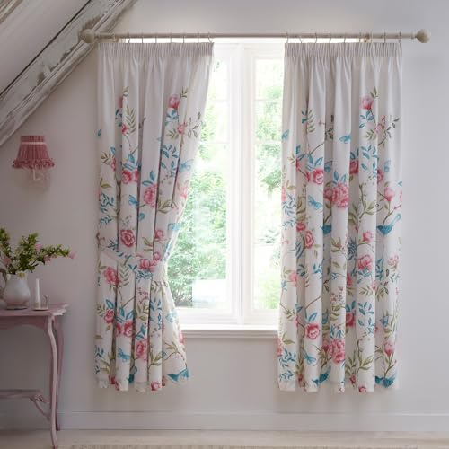 Dreams & Drapes Vorhänge mit Blumenmuster, 168 x 183 cm (B x L), 2 Vorhänge mit Bleistiftfalten, Blau/Rosa mit Blumenmuster und Raffhaltern