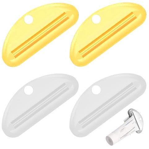 Ryaupy 4 Pack Badezimmer Zahnpastatube Quetsch Spender, Tubenpresse für Zahnpasta, Tubenausdrücker, Zahnpasta Squeezer, Zahnpastaclips (Weiß, Gelb)