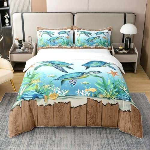 Kinder Meeresschildkröte 100% Bio-Baumwolle Bettbezug 155x220,Cartoon Schildkröte Bettwäsche Set für Mädchen,Tropische Hawaii Fisch Tröster Abdeckung,Vintage Holz Panel Bett Sets mit 1 Kissenbezug