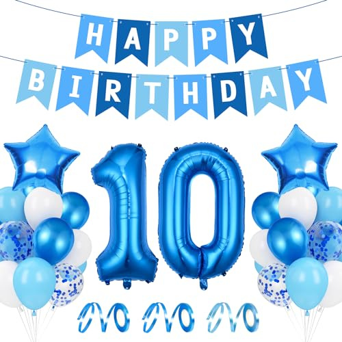 Luftballon 10. Geburtstag Blau - Happy Birthday Folienballon, Riesen Folienballon Zahl 10, Ballon Deko, Geburtstagsdeko Jungen 10 Jahr