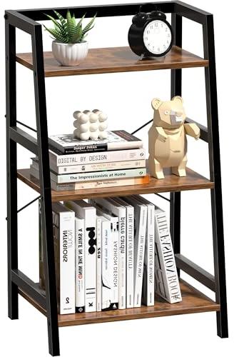 Lifenite 3-Tier Bookshelf, Ladder Shelf for Small Spaces, Industrial Short Bookshelf, Small Bookcase for Living Room, Bedroom, Home Office, Kitchen, 11.8 D x 16.5 W x 31.3 H, Rustic Brown