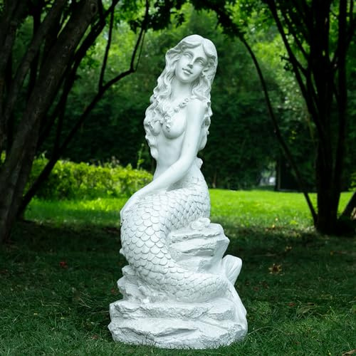 BEGORGEO 20 H Mermaid on Ocean Rock Garden Statue Resin Outdoor Sculpture Large Outside Decor for Lawn Patio Pool Home Ornament Large Mermaid Figurine Collectible Nautical Fairy Tale