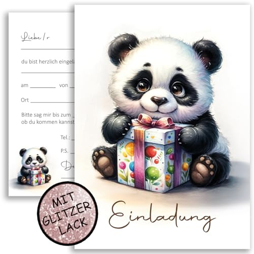 E&G Klasse 10x Panda Glitzer Einladungskarten Einladung Kinder Kindergeburtstag Mädchen Jungen Geburtstag Taufe Einschulung Pandabär Panda Bär Glitzer Geschenk 10x15 cm Party 1 2 3 4 5 6 7 8 9 10