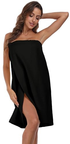 goodmansam Waffelpique Saunakilt Saunatuch Damen Sauna Frottee Bademantel Schnelltrocknend Badeponcho mit praktischem Schnellverschluss Klettverschluss, Schwarz