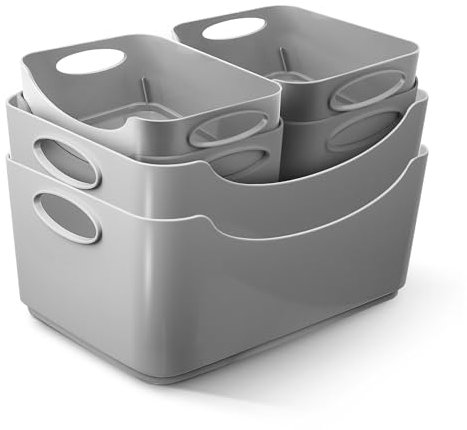 KEPLIN Plastic Studio Basket - Container Boxes for Storage Organising in Home or Office - Suitable for Shelfs Drawers Laundry Cupboard (Grey, Set of 6)