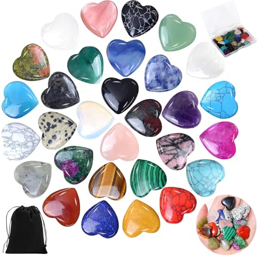 Vleuexe 30 Pezzi Pietre a Cuore,Set di pietre preziose Mix colorato di pietre Naturale A Forma di Cuore Pietre Decorative Cristalli Quarzo Rosa cristalloterapia pietre e cristalli per Meditazione
