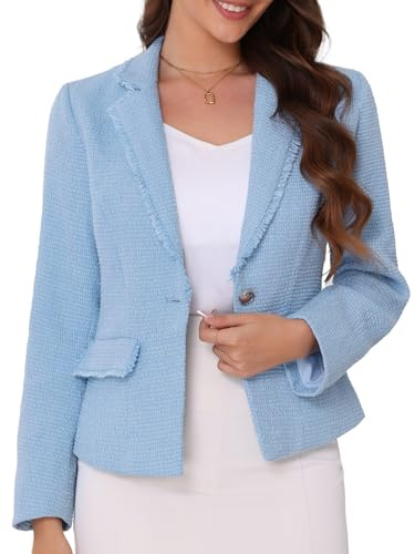 Allegra K Chaqueta tipo blazer de tweed para mujer, frente abierto, casual, elegante, con bolsillo superior, azul, S