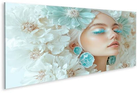 islandburner Bild auf Leinwand Frau mit Blumen und türkisen Wimpern Bilder Wandbilder Poster