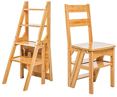Solid Wood Folding Ladder Chair,Protable 4-Step Library Ladder,Convertible Folding Chair Step Stool Display Stand for Adults Office Home Kitchen Outdoor