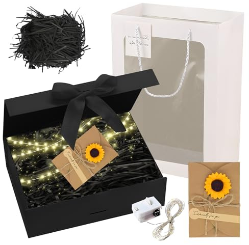 Geschenkbox mit Schleife,Faltbare Geschenkkarton mit Magnetisch,Geschenkbox Geburtstag, mit LED,Bast,Karte,Geschenktüte,für Weihnachten Geburtstag Hochzeit Party Valentinstag Geschenke (Schwarz)