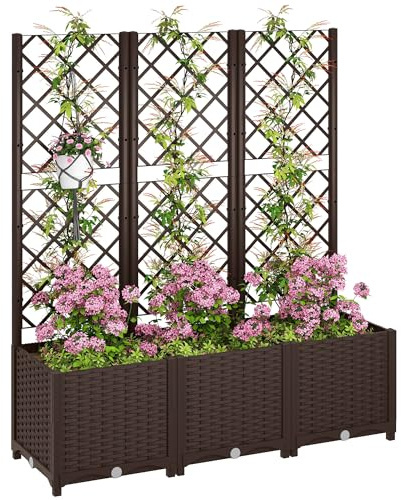 Outsunny Jardinière avec Treillis, lit surélevé de Jardin, jardinière extérieure avec 8 Trous de Drainage, réservoirs d'eau, bac à Fleurs pour Balcon terrasse Patio, 120 x 40 x 135 cm, Marron