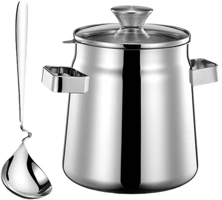 Recipiente de aceite de acero inoxidable resistente con filtro integrado, ideal para almacenar goteos de tocino y aceites de cocina