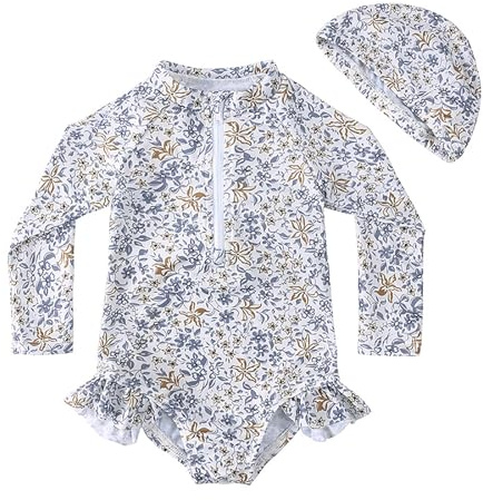 Bañador Bebe Niña Protección UV Traje de Baño de Una Pieza de Manga Larga Bañadors con Cremallera con Estampado de Floral Swimwear Natación Infantil con Gorro para Piscina, Secado Rápido