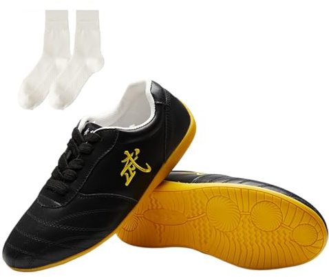 Buhelyc Men Women Soft Leather Tai Chi Shoes Kung fu Walking Shoes Kong Fu Sport Training Shoes for Taekwondo Gym (Size:7.5,Color:Black)
