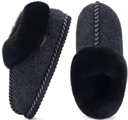 COFACE Womens Bootie Slippers Ladies Woman Boots Faux Fur Fluff Fuzzy Furry Plush Warm Felt House Home Full Cloud Memory Foam Cute Cosy Cozy Comfy Bedroom 2025 Winter Indoor Outdoor Black Size 7 uk