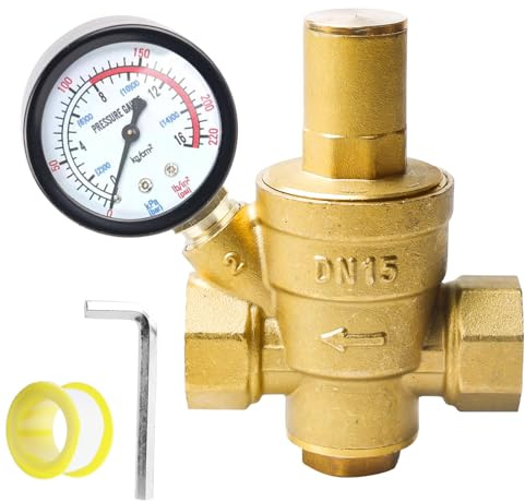 Réducteur de pression d'eau 1/2 DN15 avec manomètre, réducteur de pression d'eau en laiton, régulateur de pression d'eau réglable, réducteur de pression 1,6 MPa et outil de réglage pour soupape de
