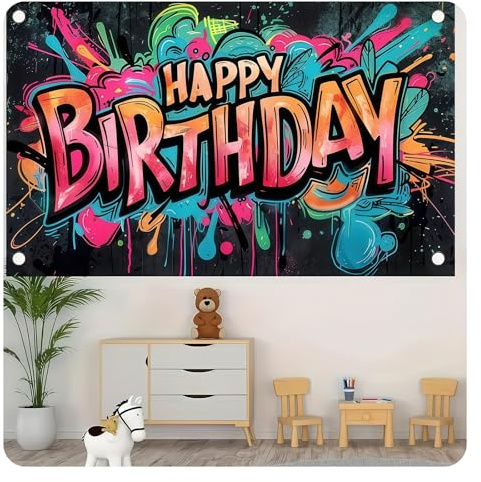 AstraGlam Graffiti Banner Personalizado de Feliz Cumpleaños, 180 × 110 cm Decoración de Cumpleaños Salpicadura Fondo Fotográfico Decoración para Fiesta Cabina de Fotos Decoración para Fiestas de
