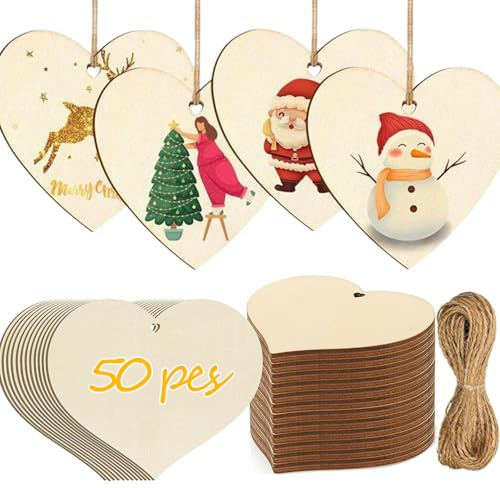 50 Stück Holzherzen mit Jute Schnur,8 cm x8 cm Handgemachtes Holz Herzen,Holzherz Deko für Hochzeit,Herzförmig Holzplatten,Geschenkanhänger,Tannenschmuck, Baumschmuck