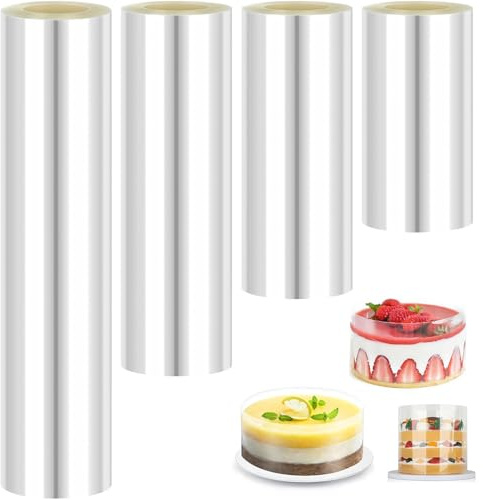 Xinxinphi 4 Rotolo Fogli Acetato Trasparente, Collare Torta Riutilizzabile 8cm/10cm/15cm/20cm x 10m, Pellicola Bordi Torte per Decorazioni Dolci Mousse, Cioccolato & Pasticceria