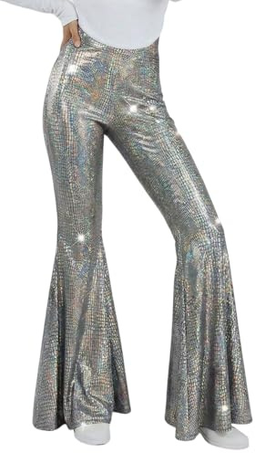 Glitzer Schlaghose Damen Glitzer Hose Lang Metallic Schlaghosen Weite Hose Silberne Pailettenhose 70er Vintage Hip Hop Glitzerhose Disco Party Festival Outfit Karneval Kostüm