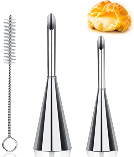 2 Pack Piping Nozzles, Long Puff Icing Piping Nozzle Tip, Cream Filler Tools Stainless Steel with Clean Brush for Donut, Muffins, Pastries, Cakes & Profiteroles