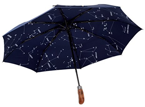 Balios (Designed in UK) Umbrella Handmade Real Wood Handle-Dark Navy with Sophisticated Constellation Interior Pattern-Windproof Fiberglass Auto Open Close Folding-300T Finest Fabric
