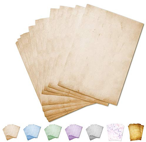 Partycards 50 Blatt Briefpapier Vintage Papier A4 - beidseitig bedruckbar – 90g – Urkunde, Urkundenpapier A4 bedruckbar Optik altes Papier Mittelalterliches Briefpapier, Bastelpapier