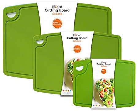 Liflicon Silicone Thick Cutting Boards Mats Set of 3 Foldable & Flexible Design Juice Grooves Easy Grip Handle Dishwasher Safe for Kitchen,BPA free Silicone Cutting Board-Green
