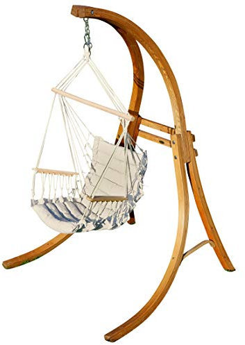 ALEOS. Design Hängesessel Hängestuhl mit Gestell aus Holz Lärche CAT-Maly-BEIGE Holzgestell Hängesesselgestell komplett mit Stoffsessel angenehmer Sitzkomfort im 6cm dicken Kissen