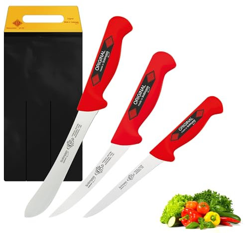 EIKASO Solingen Messerset 3 Teilig Schlachtermesser Set Metzgermesser mit ergonomischen Griff aus Molybdänstahl 1.4116 für Profis und Privat (Rot)