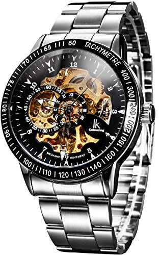 Alienwork IK Automatisk Klocka Herr Dam Silver Metall-Armband Svart Skelett Glasbotten