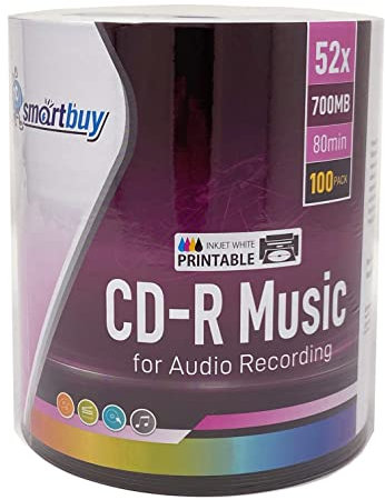 Smartbuy 100 Pack Digital Audio CD-R Music 52X 700MB/80Min White Inkjet Hub Printable Blank Recordable Disc