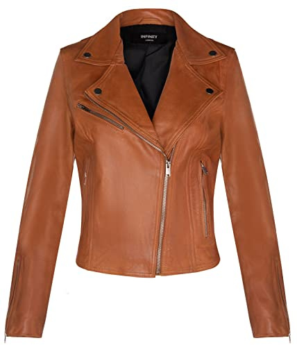 Damer läderjacka klassisk biker-stil äkta läder damjacka, SOLBRÄNNA, XXL