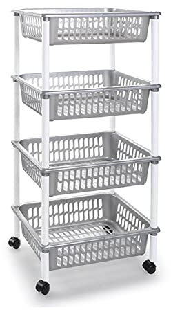 AC - Carrito verdulero Modelo PLFT de plástico con 4 Niveles y Ruedas, cestas apilables portaobjetos, Frutas, Verduras, Cocina, baño (Plata - 85 x 40 x 30 cm)