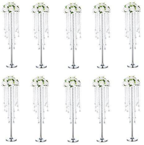 10 Stück 74,9 cm Kristall-Blumenständer, Hochzeitsaufsätze für Tische, Tischplatte, Silber, Metall, Blumenarrangement-Halter, elegante Metallvasen für Empfang, Zeremonie, Dekoration