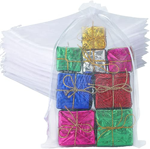 G2PLUS Weiß Organzasäckchen Groß, 20x30cm Hochzeit Geschenk Organzabeutel, 50 Stück Organza-Beutelchen mit Kordelzug Sie als Hochzeit Bonbonsbeutel, Schmuckbeutel, Geschenkbeutel