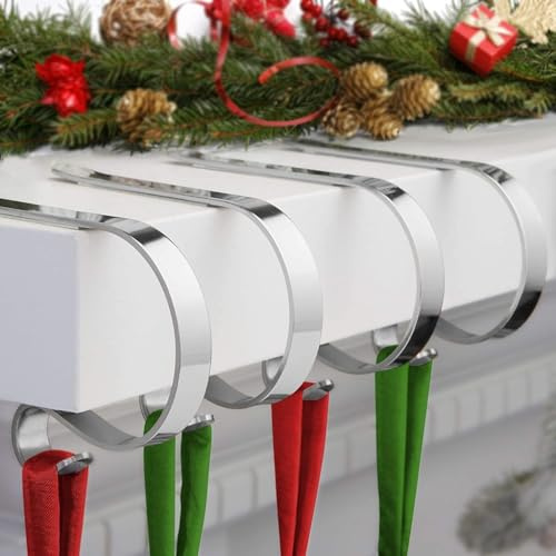 Topanke Ganci per Calze di Natale, 4 Pezzi Antiscivolo Holders per Camino, Decorazione Festa Natalizia (Argento)