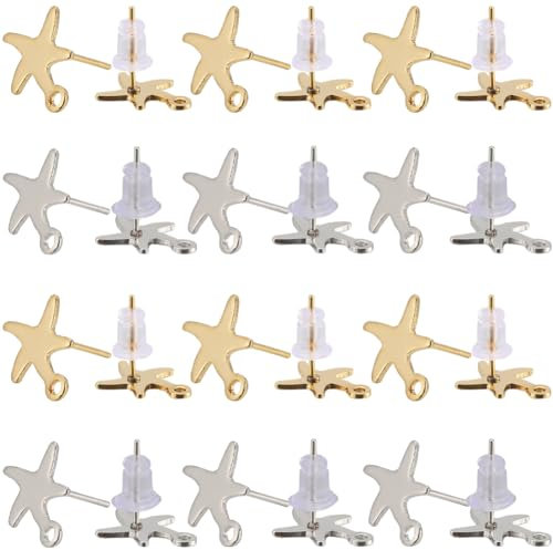 SUNNYCLUE 1 caja, 40 piezas Chapadas En Oro Real de 24 quilates, 925 postes para Aretes Chapados En Plata de Ley con Lazo, Poste para Aretes de Estrella de Mar Y 50 piezas de Pendientes de Silicona, A