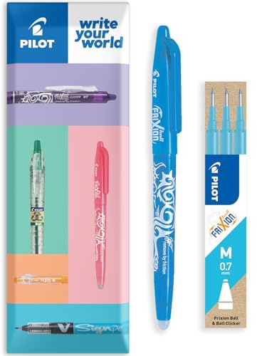 Pilot Frixion FR7 Set mit 1 radierbarem Rollerstift Heat/Friction Mittlere Spitze 0,7 mm Hellblau