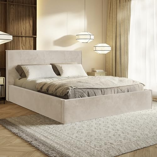 MOTIVENA Boho Bett 120x200 Beige Samt, mit Stauraum, mit Kopfteil, mit Lattenrost, ohne Füße, ohne Matratze, Polsterbett 120x200 mit Bettkasten Beige (Creme)