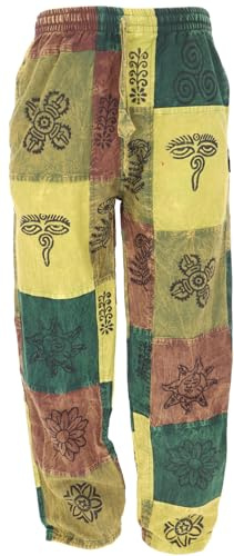 GURU SHOP Patchwork Stonewash Yogahose, Unisex Goa Baumwoll Hose - Grün, Herren, Size:XXL