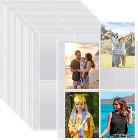 Pack de 50 Housses A4 pour Photos avec 400 Compartiments pour Classeurs 2/3/4 Anneaux, pochette plastique carte avec 4 Compartiments, Pages de Rechargement pour Albums Photo (109x153 mm).