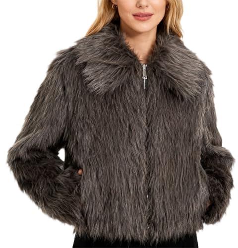 Amazhiyu - Abrigo de piel sintética para mujer, manga larga, cuello redondo, cremallera, chaqueta de invierno suave y cálida, L